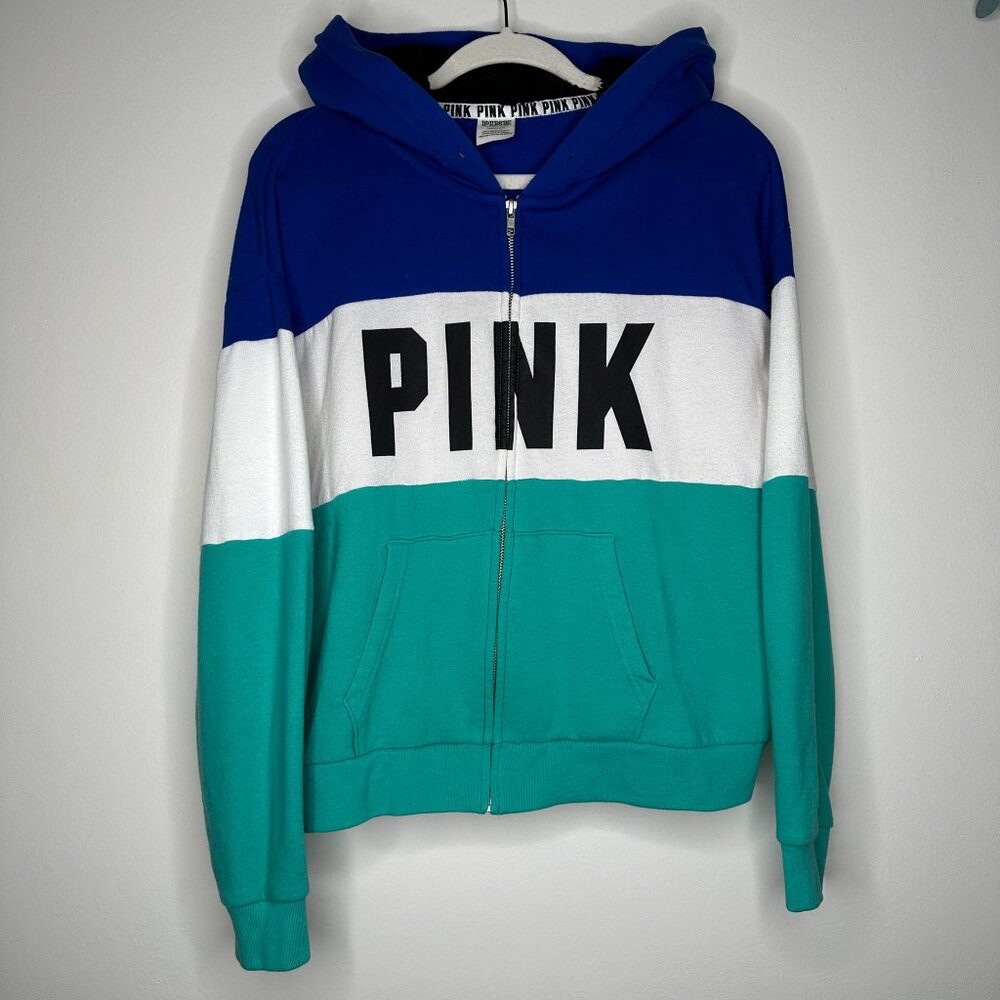 Victoria’s Secret PINK Colorblock Zip-Up Hoodie - Blue, White & Teal - Size [Ins